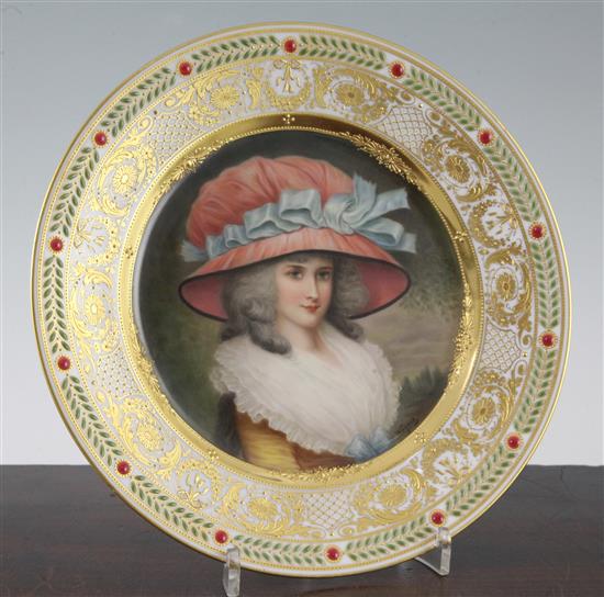 A Hutschenreuter jewelled cabinet plate, c.1910, painted by Wagner, 24cm